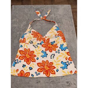 LANDS END Womens Size 16 Blue Orange Floral Halter Tankini Top